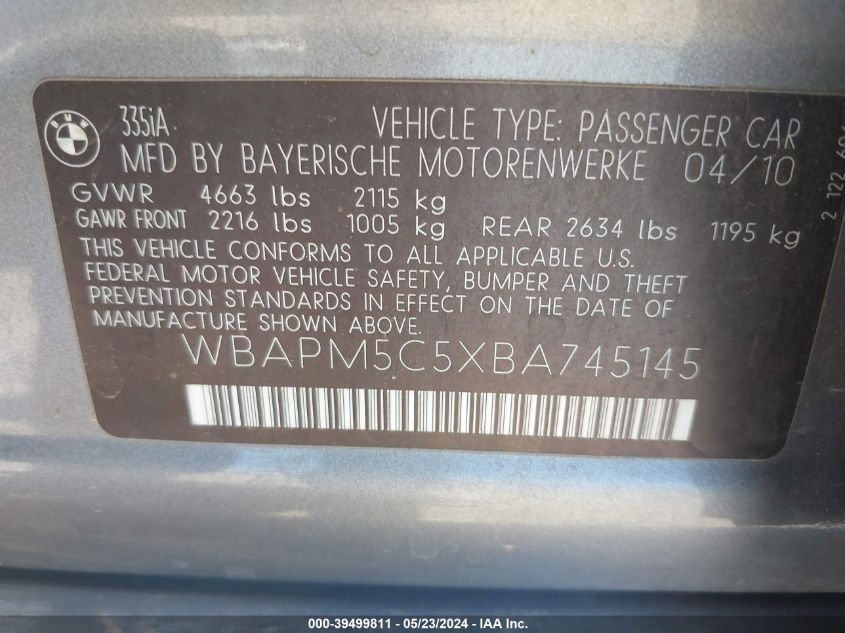 2011 BMW 335I VIN: WBAPM5C5XBA745145 Lot: 39499811