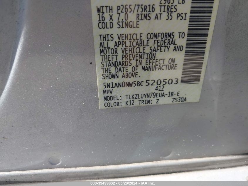 2011 Nissan Xterra Pro-4X VIN: 5N1AN0NW5BC520503 Lot: 39499832