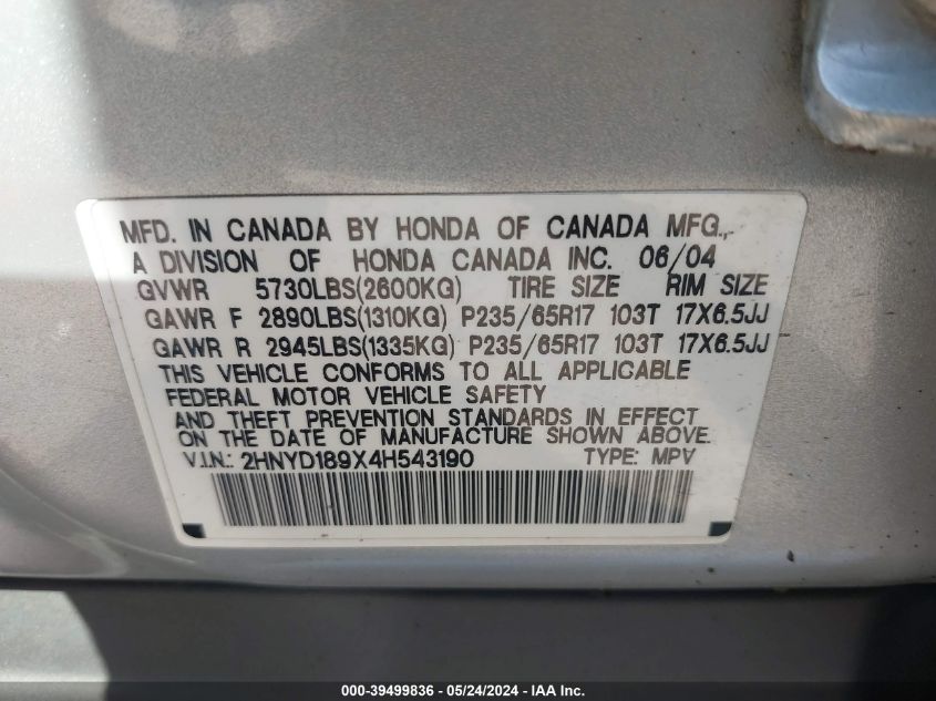 2004 Acura Mdx VIN: 2HNYD189X4H543190 Lot: 39499836