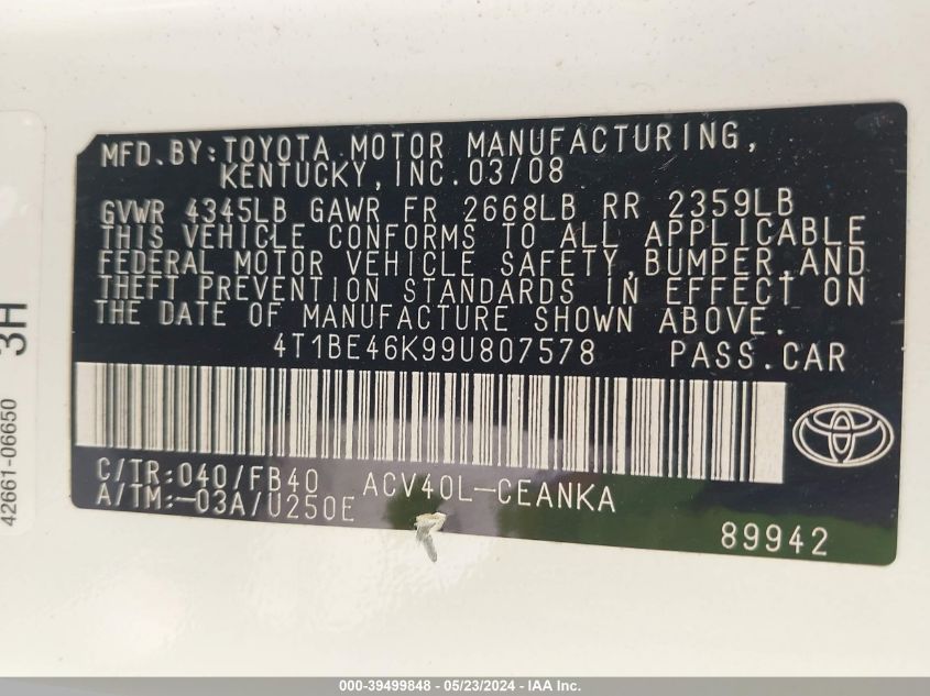 2009 Toyota Camry Le VIN: 4T1BE46K99U807578 Lot: 39499848