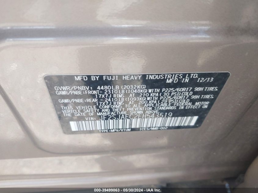 2014 Subaru Forester 2.5I Premium VIN: JF2SJAEC2EH543519 Lot: 39499863