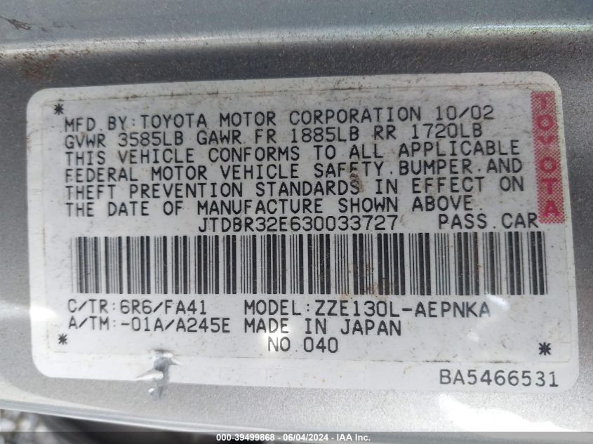 2003 Toyota Corolla Le VIN: JTDBR32E630033727 Lot: 39499868