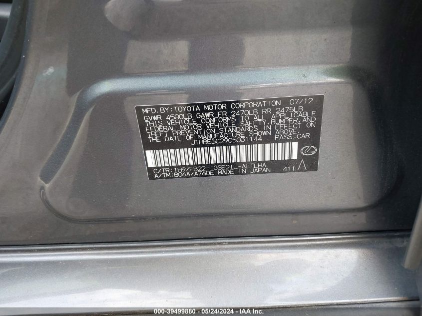 2012 Lexus Is 350 VIN: JTHBE5C29C5031144 Lot: 39499880