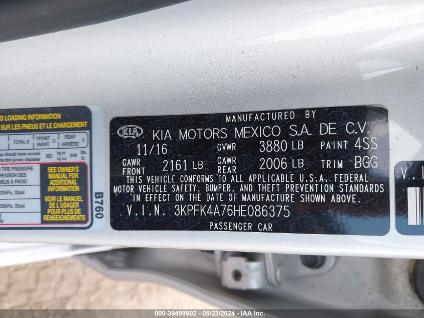 2017 Kia Forte Lx VIN: 3KPFK4A76HE086375 Lot: 39499902