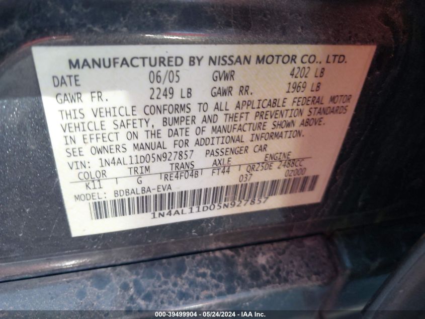 2005 Nissan Altima 2.5 S VIN: 1N4AL11D05N92785 Lot: 39499904