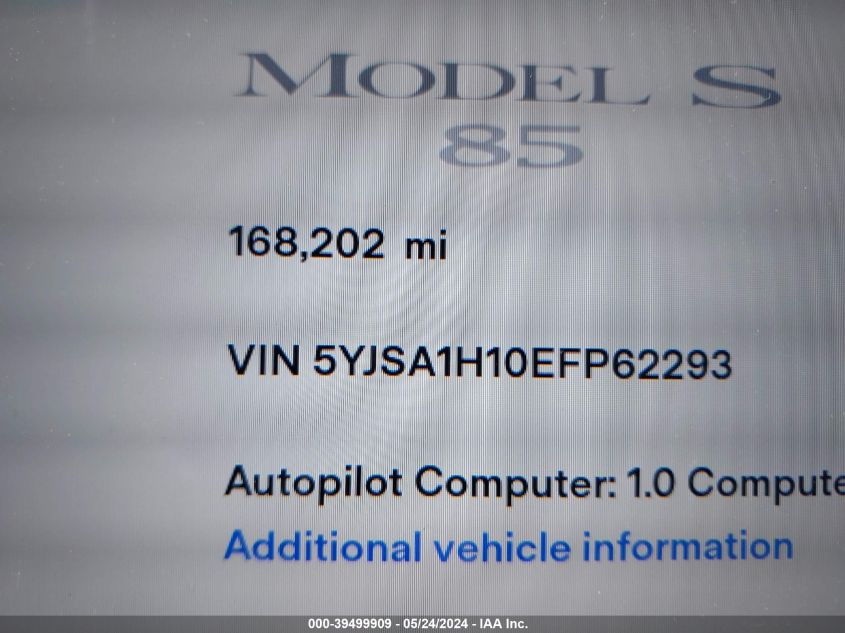 2014 Tesla Model S P85 VIN: 5YJSA1H10EFP62293 Lot: 39499909