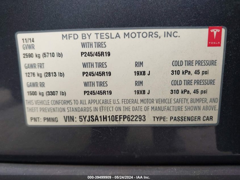 2014 Tesla Model S P85 VIN: 5YJSA1H10EFP62293 Lot: 39499909