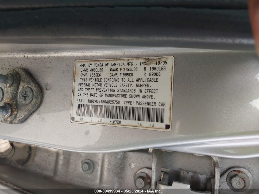 2006 Honda Accord 2.4 Vp VIN: 1HGCM55166A025750 Lot: 39499934