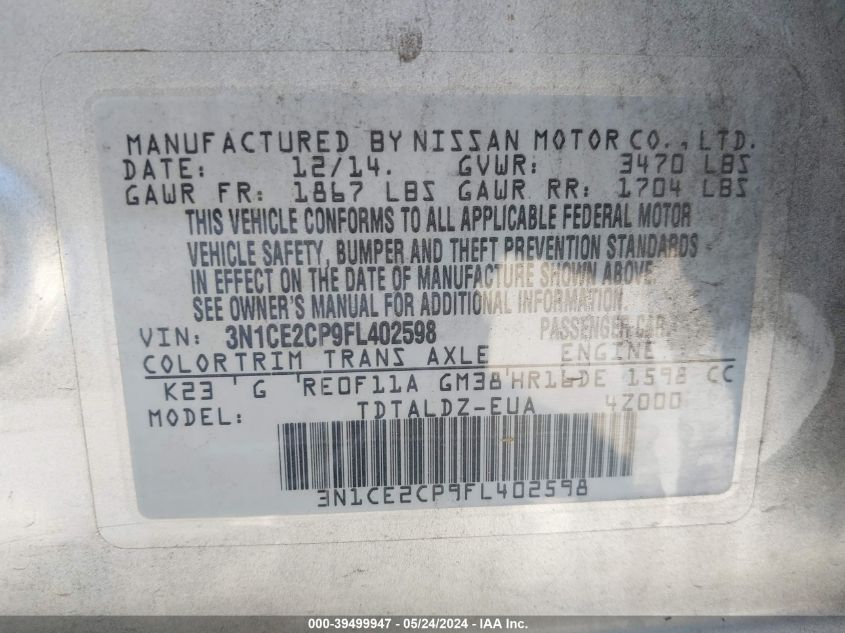 2015 Nissan Versa Note S (Sr)/S Plus/Sl/Sr/Sv VIN: 3N1CE2CP9FL402598 Lot: 39499947