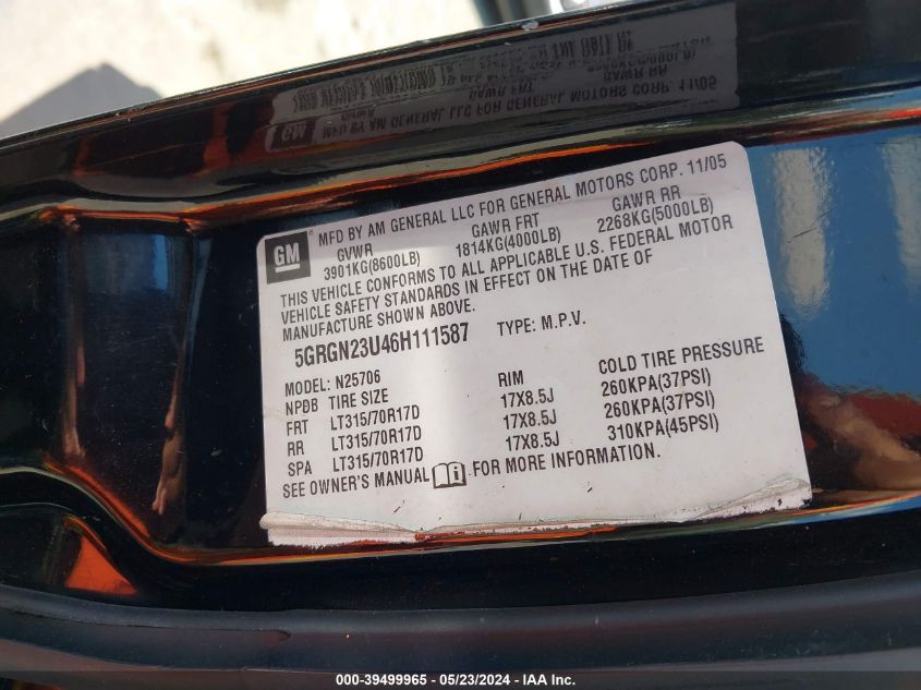 2006 Hummer H2 Suv VIN: 5GRGN23U46H111587 Lot: 39499965