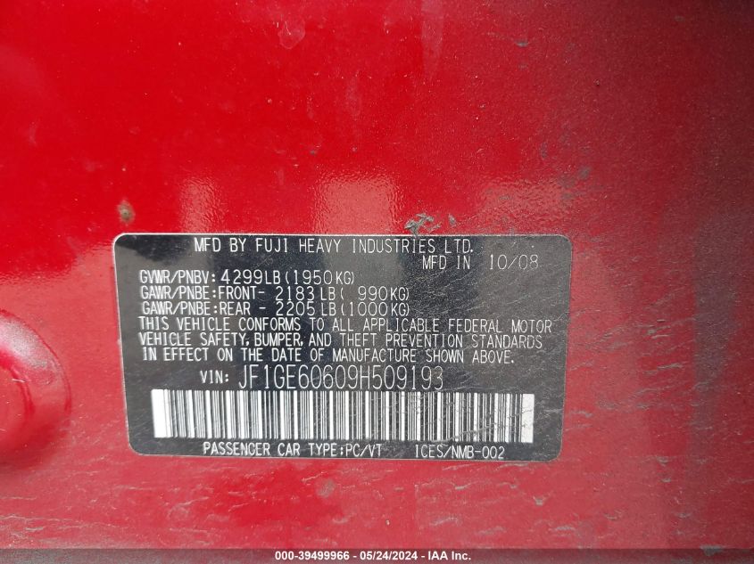 2009 Subaru Impreza 2.5I VIN: JF1GE60609H509193 Lot: 39499966
