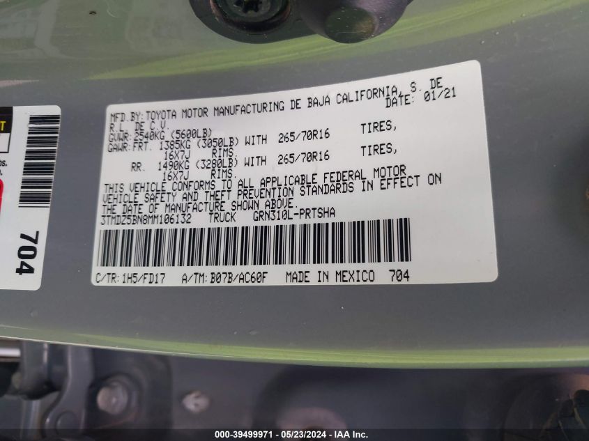 2021 Toyota Tacoma Trd Off-Road VIN: 3TMDZ5BN8MM106132 Lot: 39499971