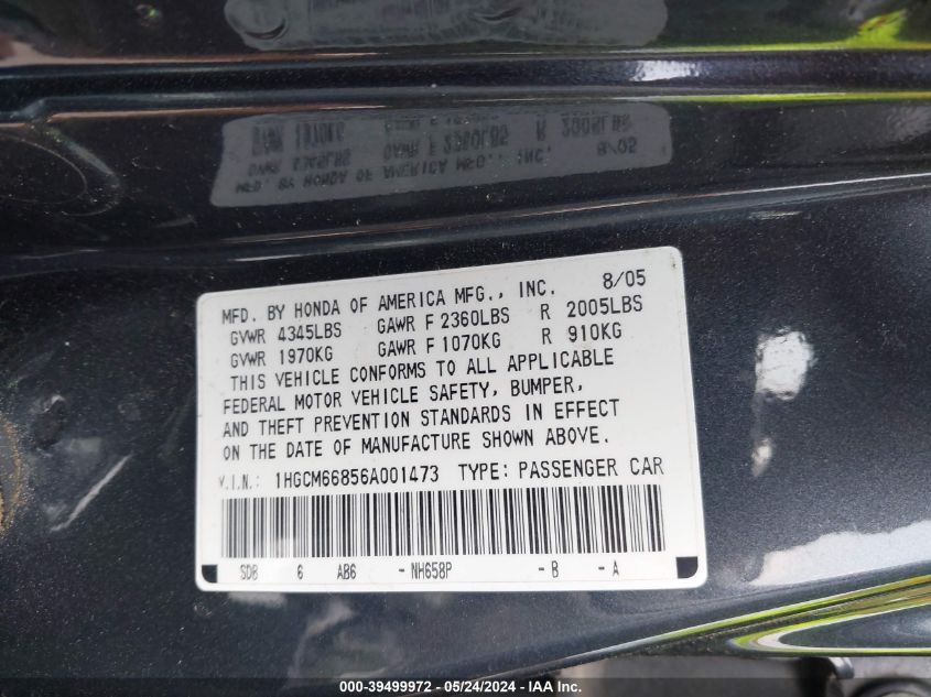 2006 Honda Accord 3.0 Ex VIN: 1HGCM66856A001473 Lot: 39499972