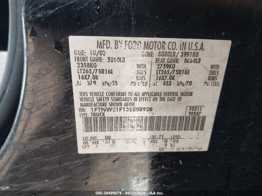 2003 Ford F-250 Lariat/Xl/Xlt VIN: 1FTNW21F13EB08928 Lot: 39499979