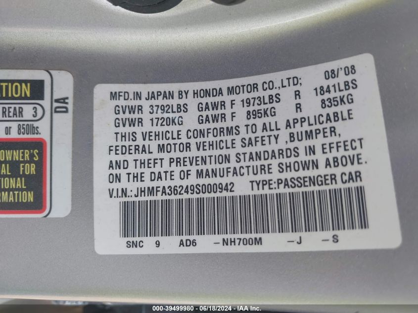 2009 Honda Civic Hybrid VIN: JHMFA36249S000942 Lot: 39499980