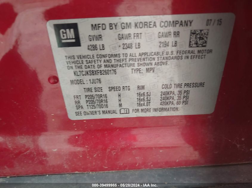 2015 Chevrolet Trax 1Ls VIN: KL7CJKSBXFB260176 Lot: 39499985