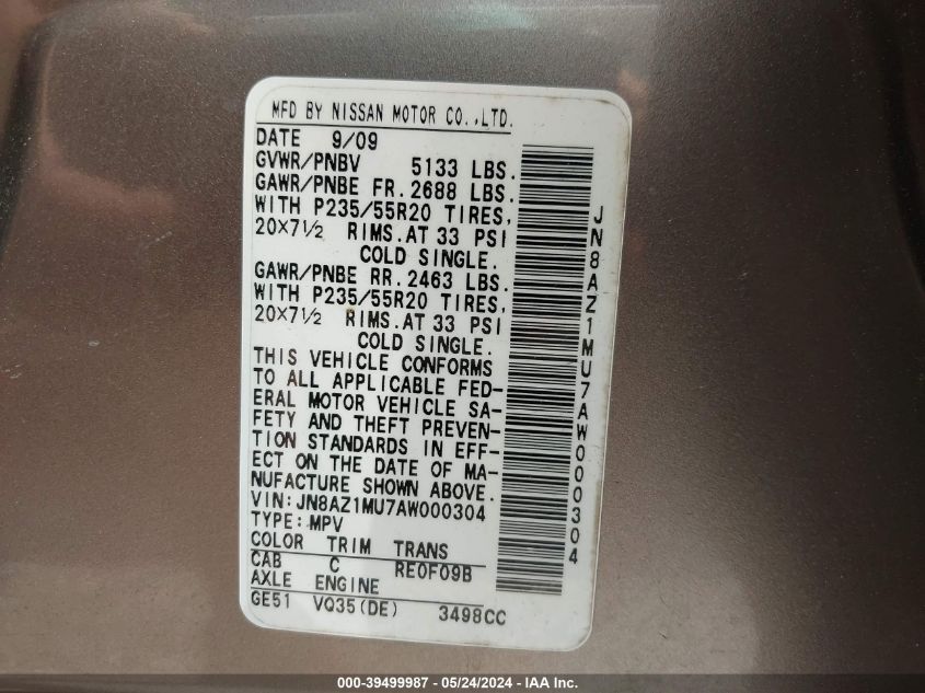 2010 Nissan Murano Le VIN: JN8AZ1MU7AW000304 Lot: 39499987