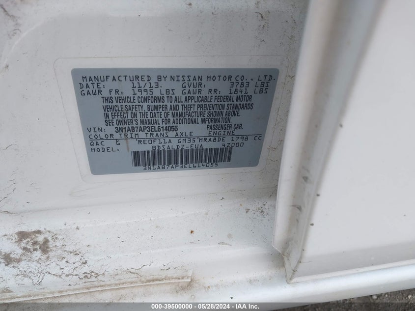 2014 Nissan Sentra Sv VIN: 3N1AB7AP3EL614055 Lot: 39500000