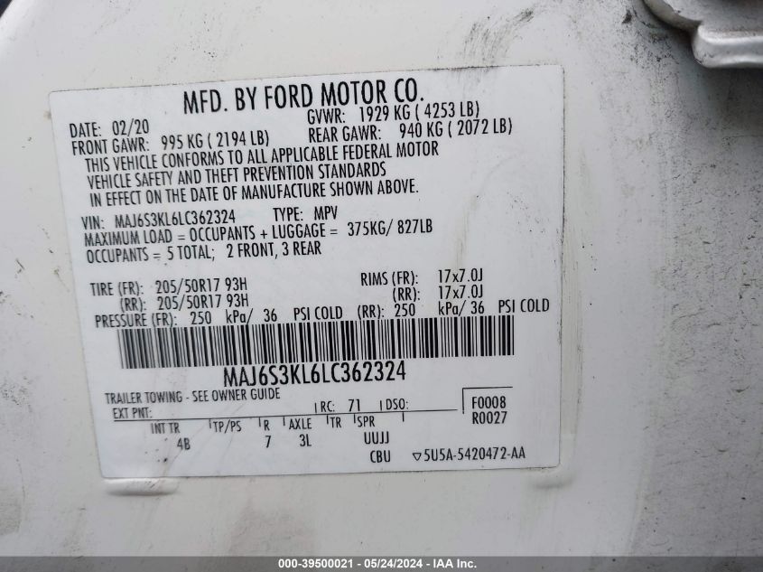 2020 Ford Ecosport Titanium VIN: MAJ6S3KL6LC362324 Lot: 39500021