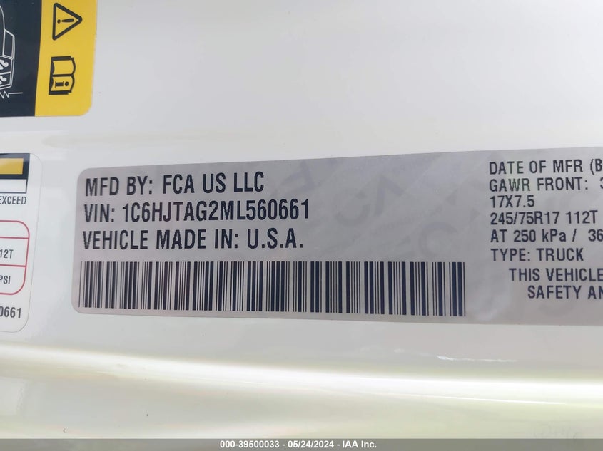 2021 JEEP GLADIATOR(VIN: 1C6HJTAG2ML560661