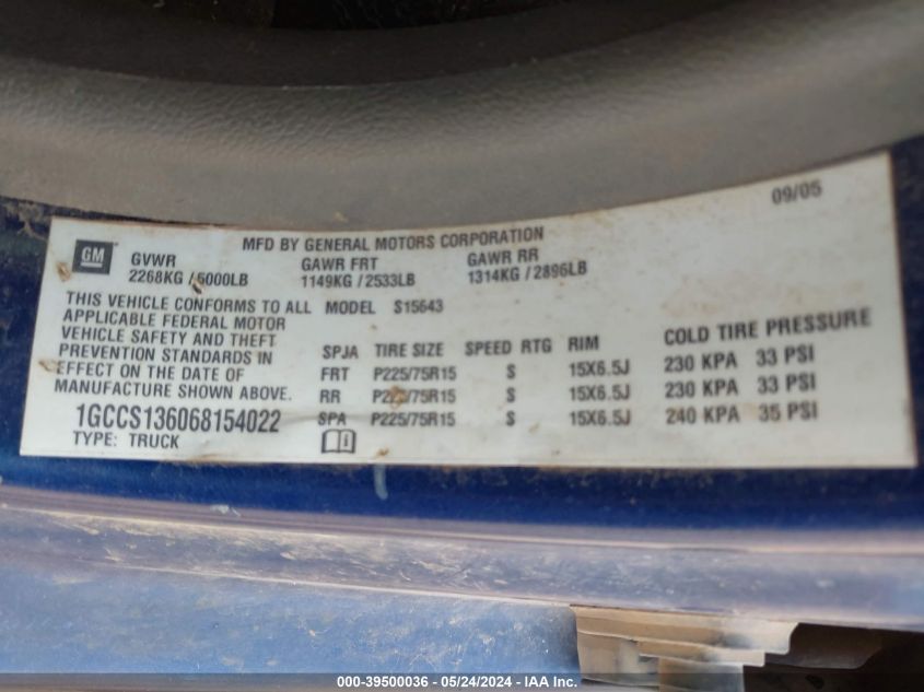 2006 Chevrolet Colorado Lt VIN: 1GCCS136068154022 Lot: 39500036