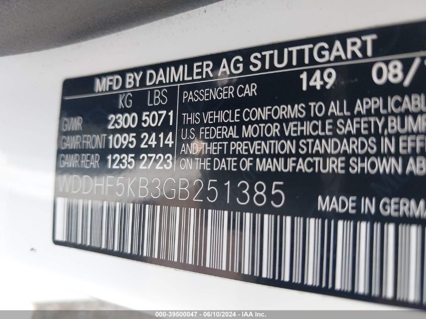 2016 Mercedes-Benz E 350 VIN: WDDHF5KB3GB251385 Lot: 39500047