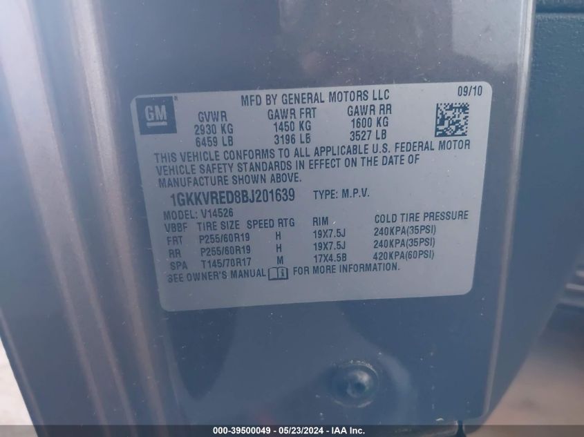 2011 GMC Acadia Slt-1 VIN: 1GKKVRED8BJ201639 Lot: 39500049