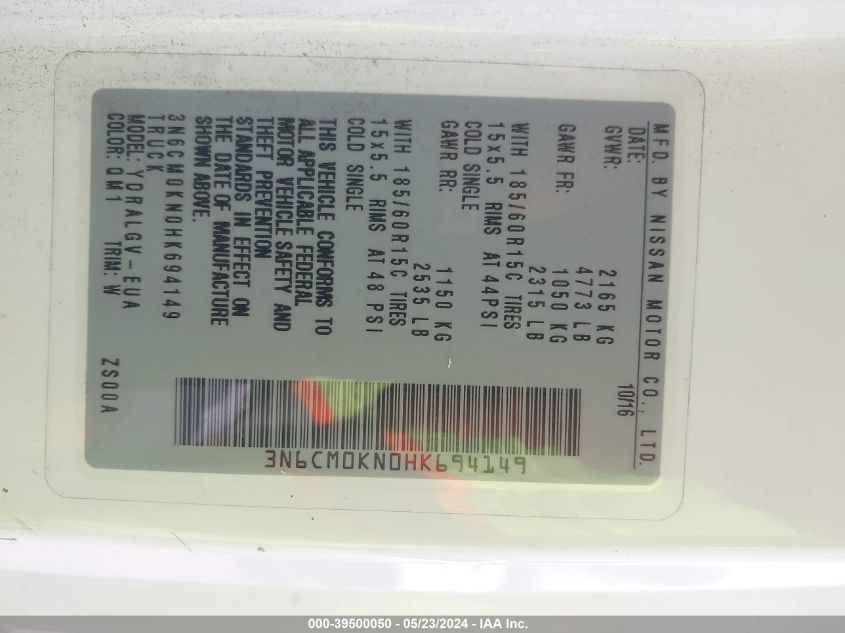 2017 Nissan Nv200 Sv VIN: 3N6CM0KN0HK694149 Lot: 39500050