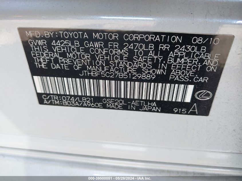 2011 Lexus Is 250 VIN: JTHBF5C27B5129889 Lot: 39500051
