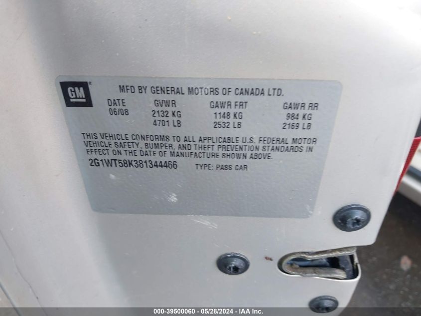 2008 Chevrolet Impala Lt VIN: 2G1WT58K381344466 Lot: 39500060