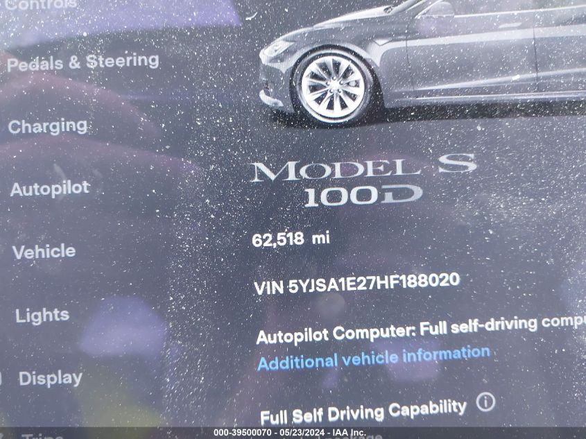 2017 Tesla Model S 100D/60D/75D/90D/P100D VIN: 5YJSA1E27HF188020 Lot: 39500070