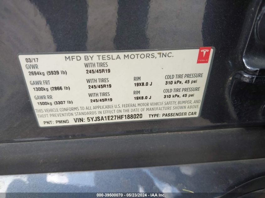 2017 Tesla Model S 100D/60D/75D/90D/P100D VIN: 5YJSA1E27HF188020 Lot: 39500070