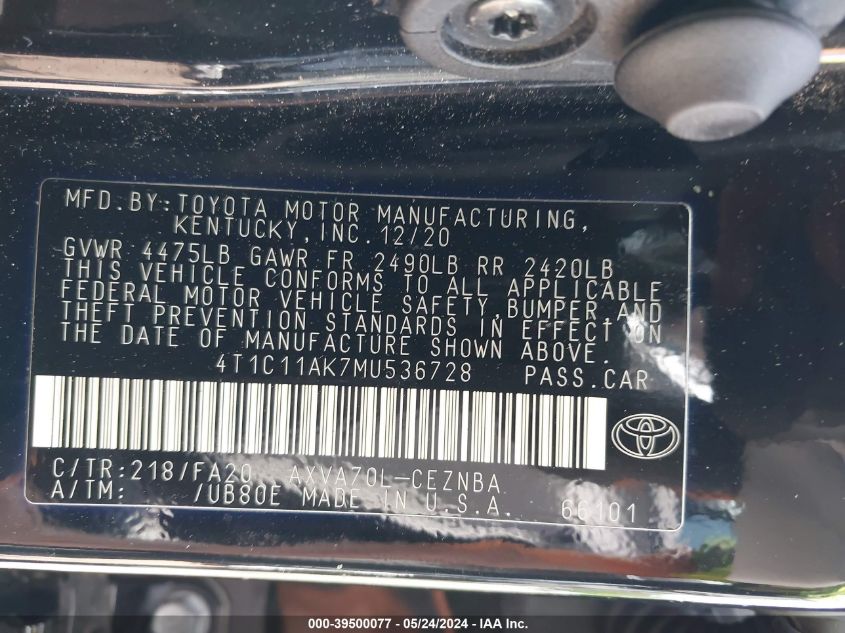 2021 Toyota Camry Le VIN: 4T1C11AK7MU536728 Lot: 39500077