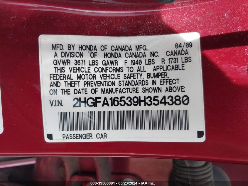 2009 Honda Civic Lx VIN: 2HGFA16539H354380 Lot: 39500081