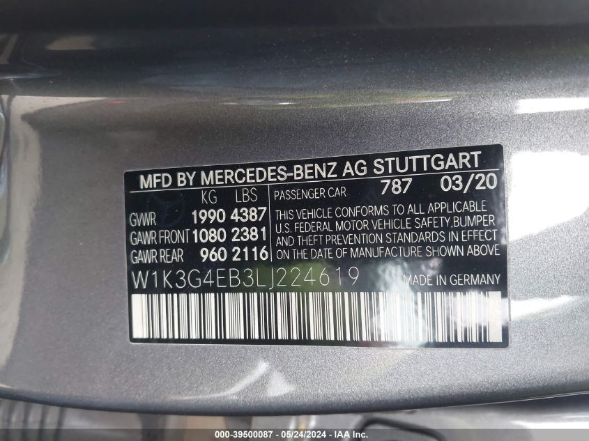 2020 Mercedes-Benz A 220 VIN: W1K3G4EB3LJ224619 Lot: 39500087