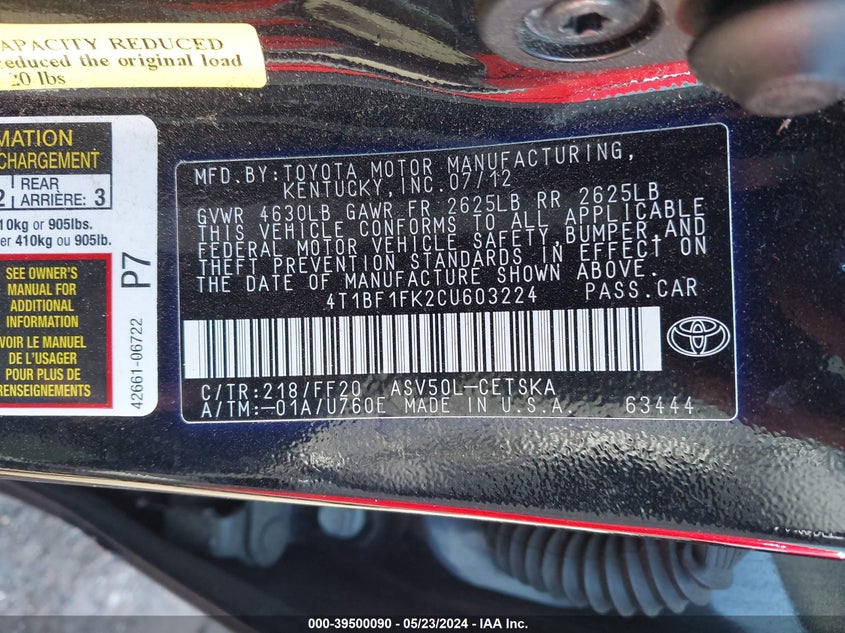 2012 Toyota Camry Se VIN: 4T1BF1FK2CU603224 Lot: 39500090