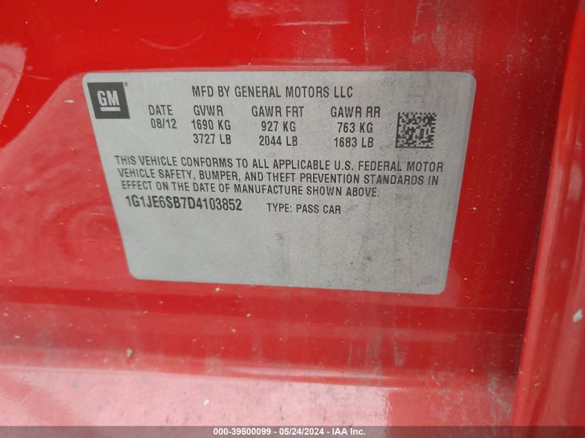 2013 Chevrolet Sonic Ltz Auto VIN: 1G1JE6SB7D4103852 Lot: 39500099