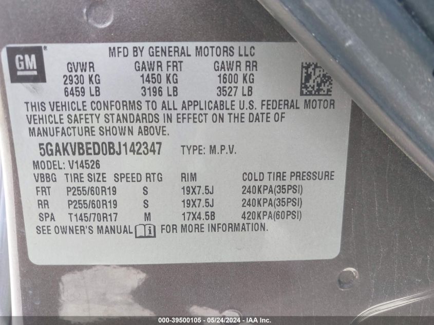 2011 Buick Enclave 1Xl VIN: 5GAKVBED0BJ142347 Lot: 39500105