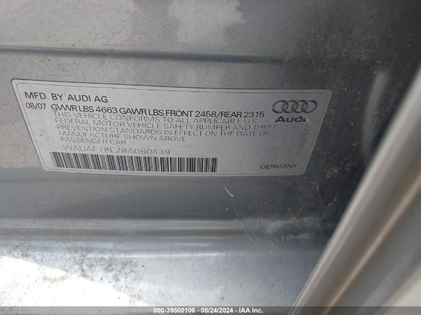 2008 Audi A4 2.0T VIN: WAUAF78E28A060439 Lot: 39500106