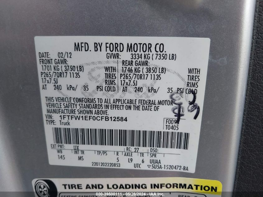 2012 Ford F-150 Xlt VIN: 1FTFW1EF0CFB12584 Lot: 39500111