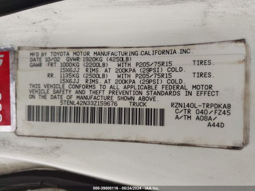 2003 Toyota Tacoma VIN: 5TENL42N33Z159676 Lot: 39500116