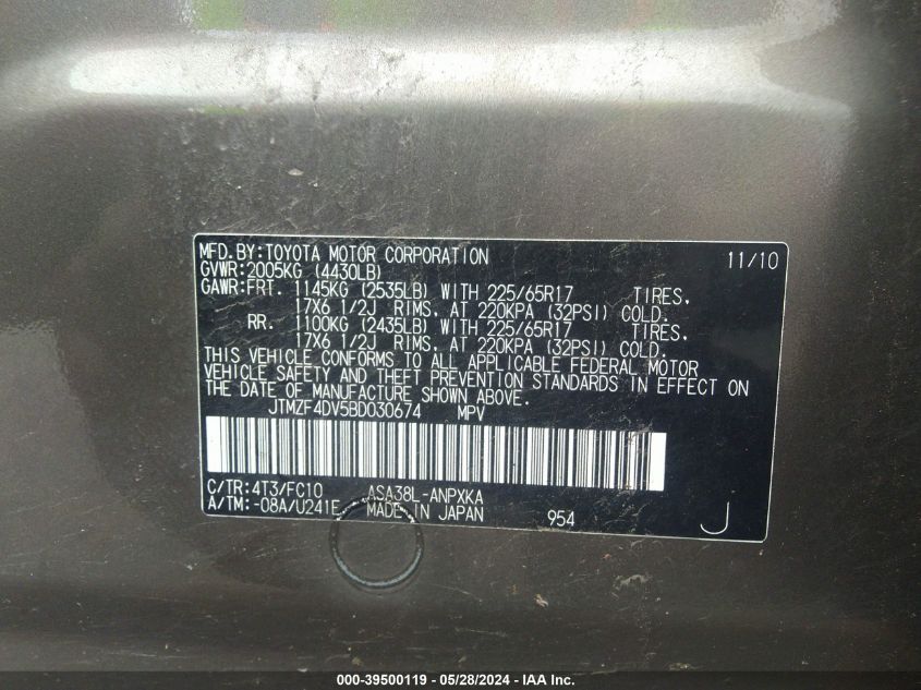 2011 Toyota Rav4 VIN: JTMZF4DV5BD030674 Lot: 39500119