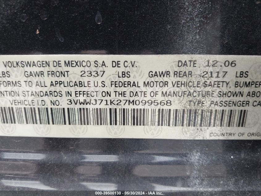 2007 Volkswagen Jetta Gli VIN: 3VWWJ71K27M099568 Lot: 39500130
