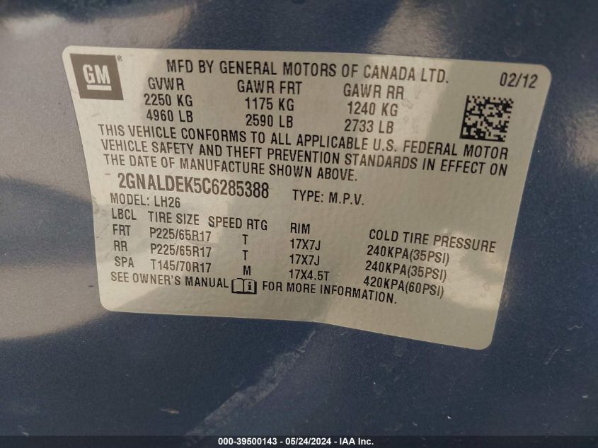 2012 Chevrolet Equinox 1Lt VIN: 2GNALDEK5C6285388 Lot: 39500143