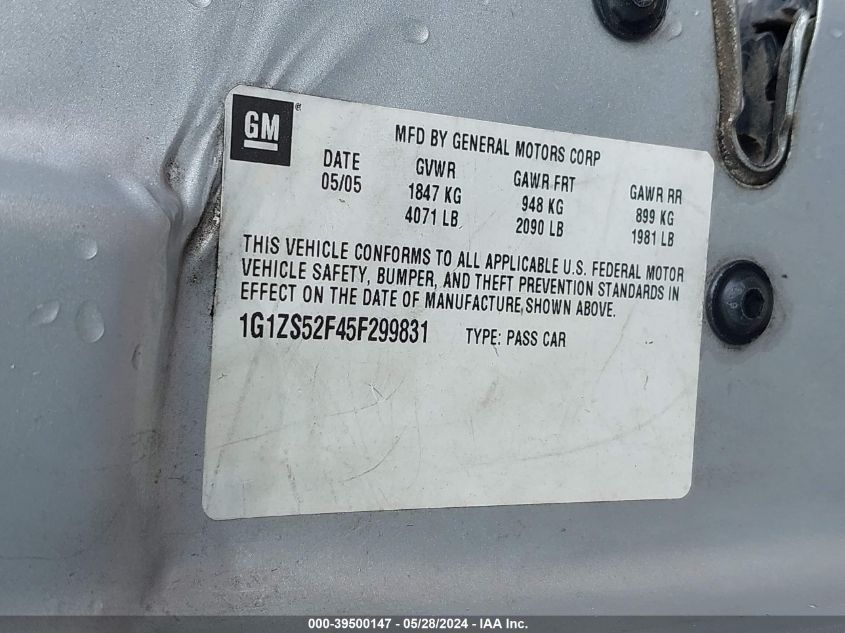 2005 Chevrolet Malibu VIN: 1G1ZS52F45F299831 Lot: 39500147