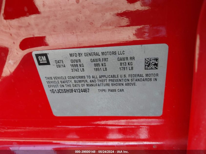 2015 Chevrolet Sonic Lt Auto VIN: 1G1JC5SH0F4124467 Lot: 39500148