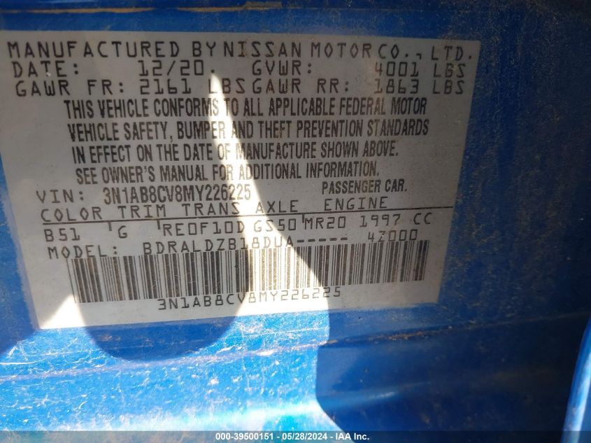 2021 Nissan Sentra Sv Xtronic Cvt VIN: 3N1AB8CV8MY226225 Lot: 39500151