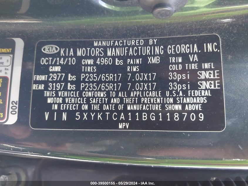 2011 Kia Sorento Lx VIN: 5XYKTCA11BG118709 Lot: 39500155