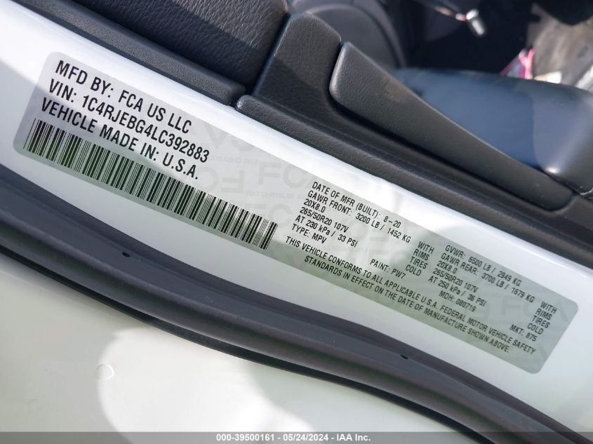 2020 Jeep Grand Cherokee Limited X 4X2 VIN: 1C4RJEBG4LC392883 Lot: 39500161