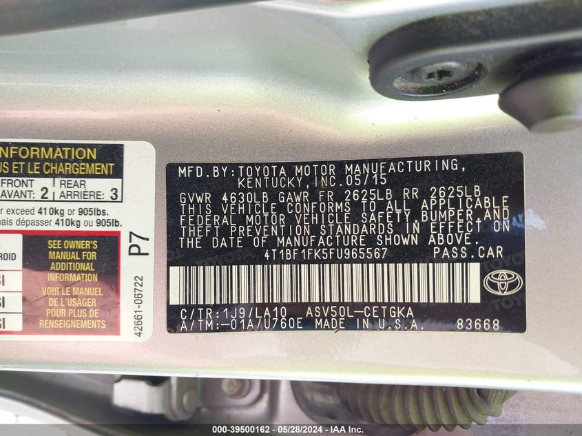2015 Toyota Camry Xle VIN: 4T1BF1FK5FU965567 Lot: 39500162